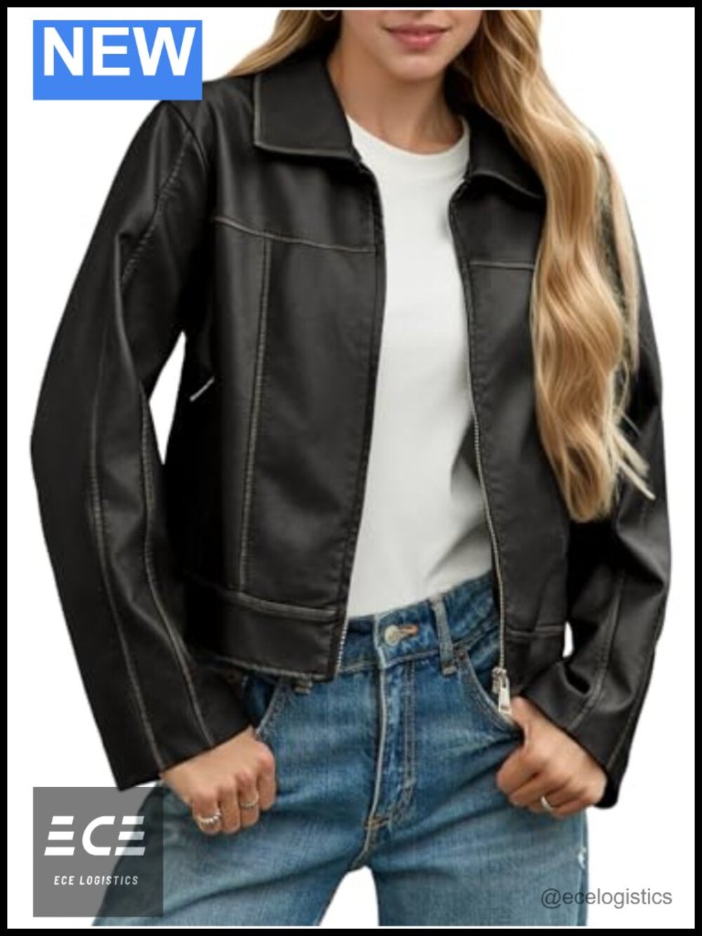 Faux Leather Moto Jacket Zip Up Cropped Biker Coat with Pockets